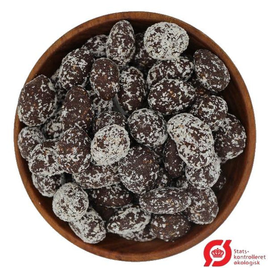 Økologiske mandler med kokos overtrukket med 70% mørk belgisk chokolade.