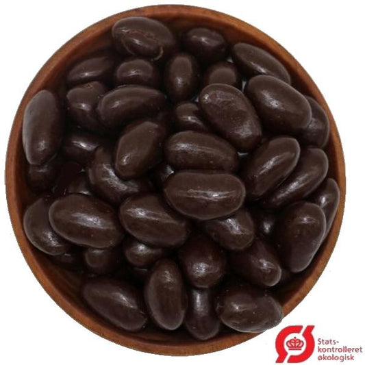 Økologiske mandler overtrukket med 70% belgisk chokolade.